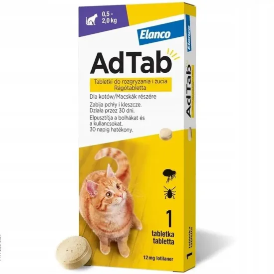 ADTAB Cat tabletki na kleszcze i pchły 12mg - skuteczna ochrona dla Twojego kota.