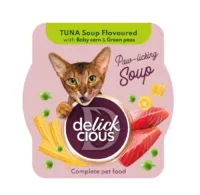 DELICKCIOUS Zupa z tuńczyka z kukurydzą i zielonym groszkiem 80g karma dla kotów