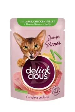 DELICKCIOUS Kawałki z jagnięciną, kurczakiem i fasolką w galarecie 85g karma dla kotów