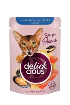 DELICKCIOUS Kawałki z łososiem i małżami w sosie 85g karma dla kotów