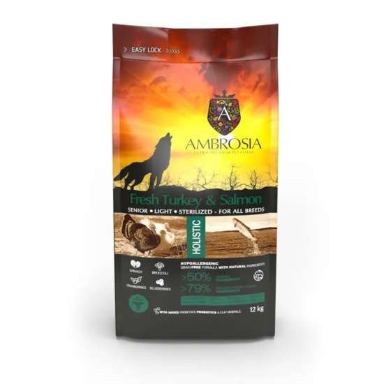 AMBROSIA Senior Świeży indyk i łosoś 12 kg karma sucha dla psów starszych
