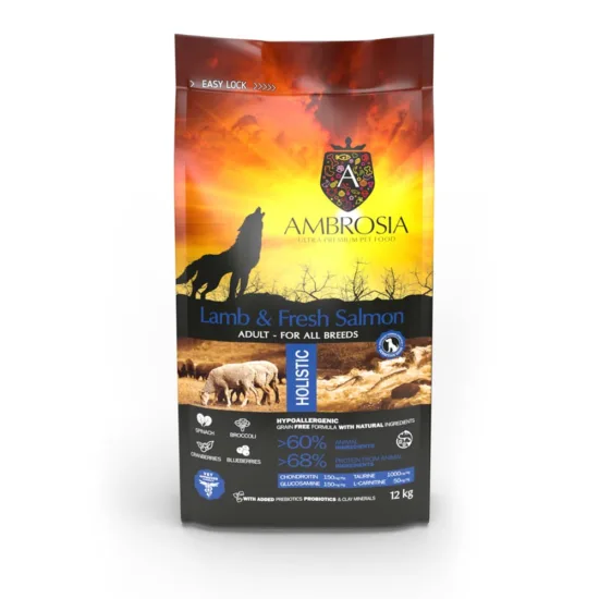 AMBROSIA Jagnięcina i świeży łosoś 12kg karma sucha dla psów dorosłych