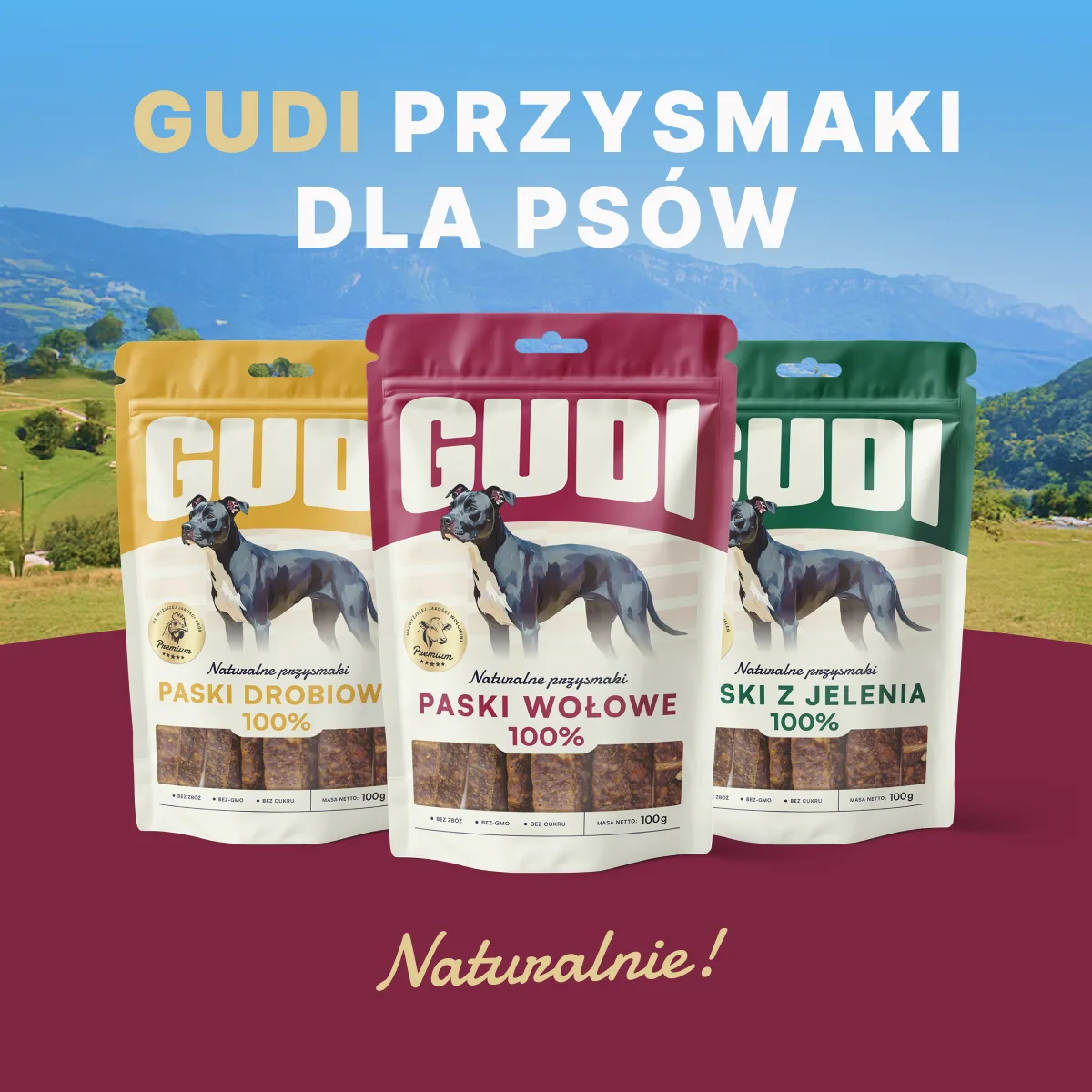 GUDI Paski mięsne Indyk 100g naturalne przysmaki dla psa