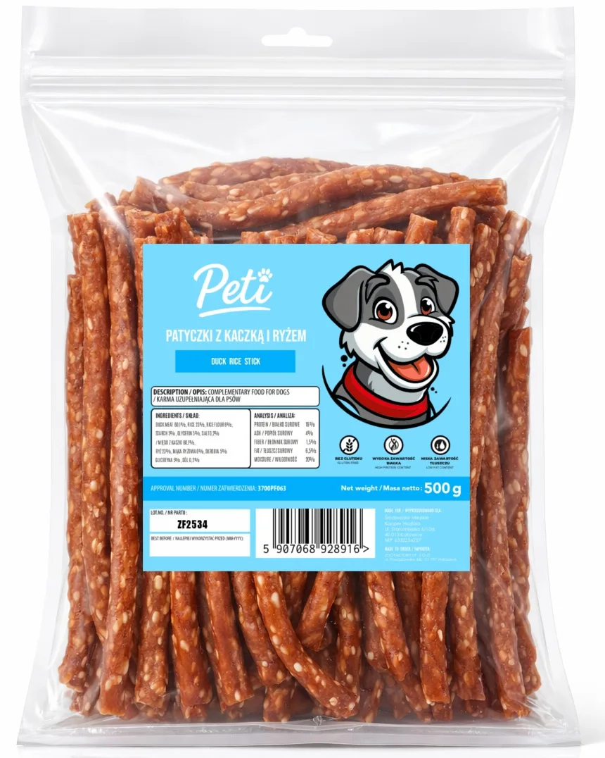Petifood Patyczki z kaczką i ryżem 500g przysmak dla psa