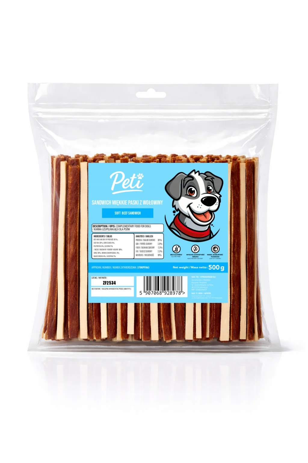 Petifood Sandwich paski z wołowiny 500g przysmak dla psa