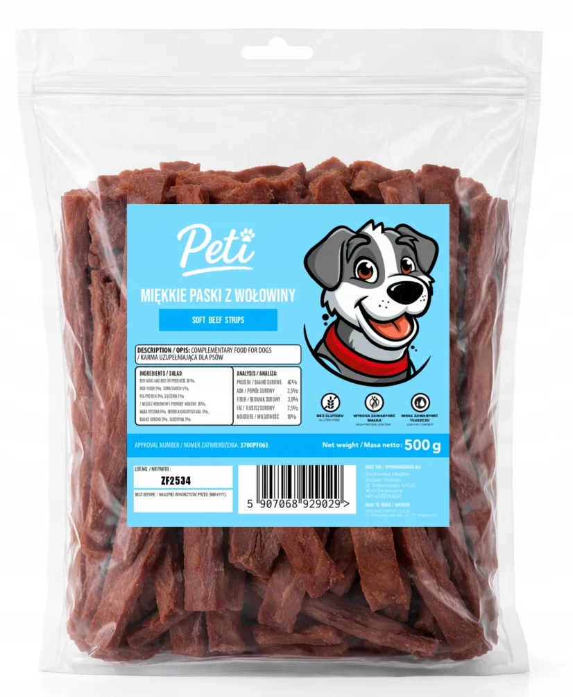 Petifood Miękkie paski z wołowiny 500g przysmak dla psa